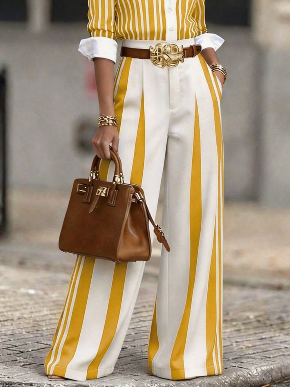 Yellow Casual Women's Colorblock Geometric Side Stripe Elastic Wide-Leg Pants